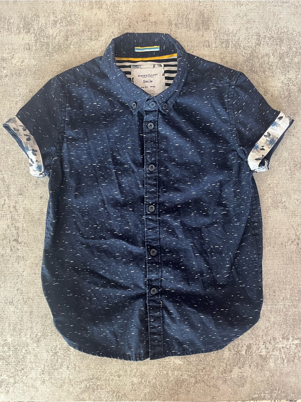 Boys 5/6 Denim & Flower Navy Short Sleeve Shirt